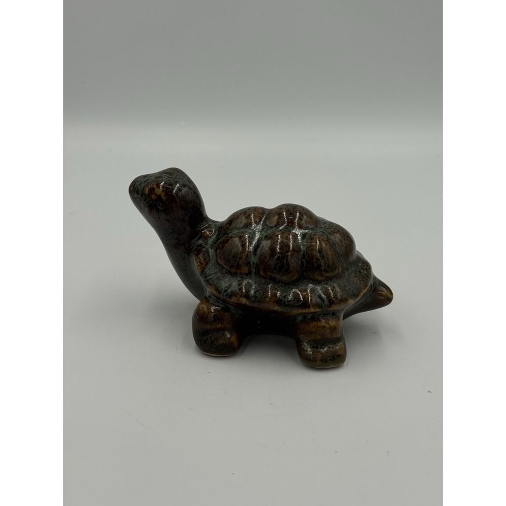 Russ Home Ceramic Tortoise Turtle Figurine Brown Drip Glaze 5.5" Long